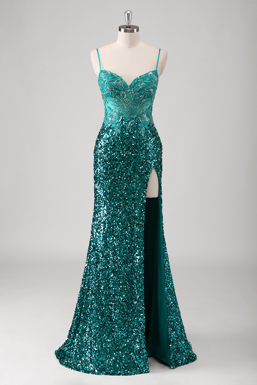 Tiered Ruffles Peacock Green Strapless Long Prom Dress with Beading