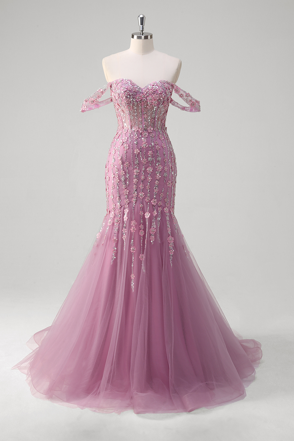 Grey Purple Off the Shoulder Sequins Mermaid Tulle Long Corset Prom Dress with Appliques