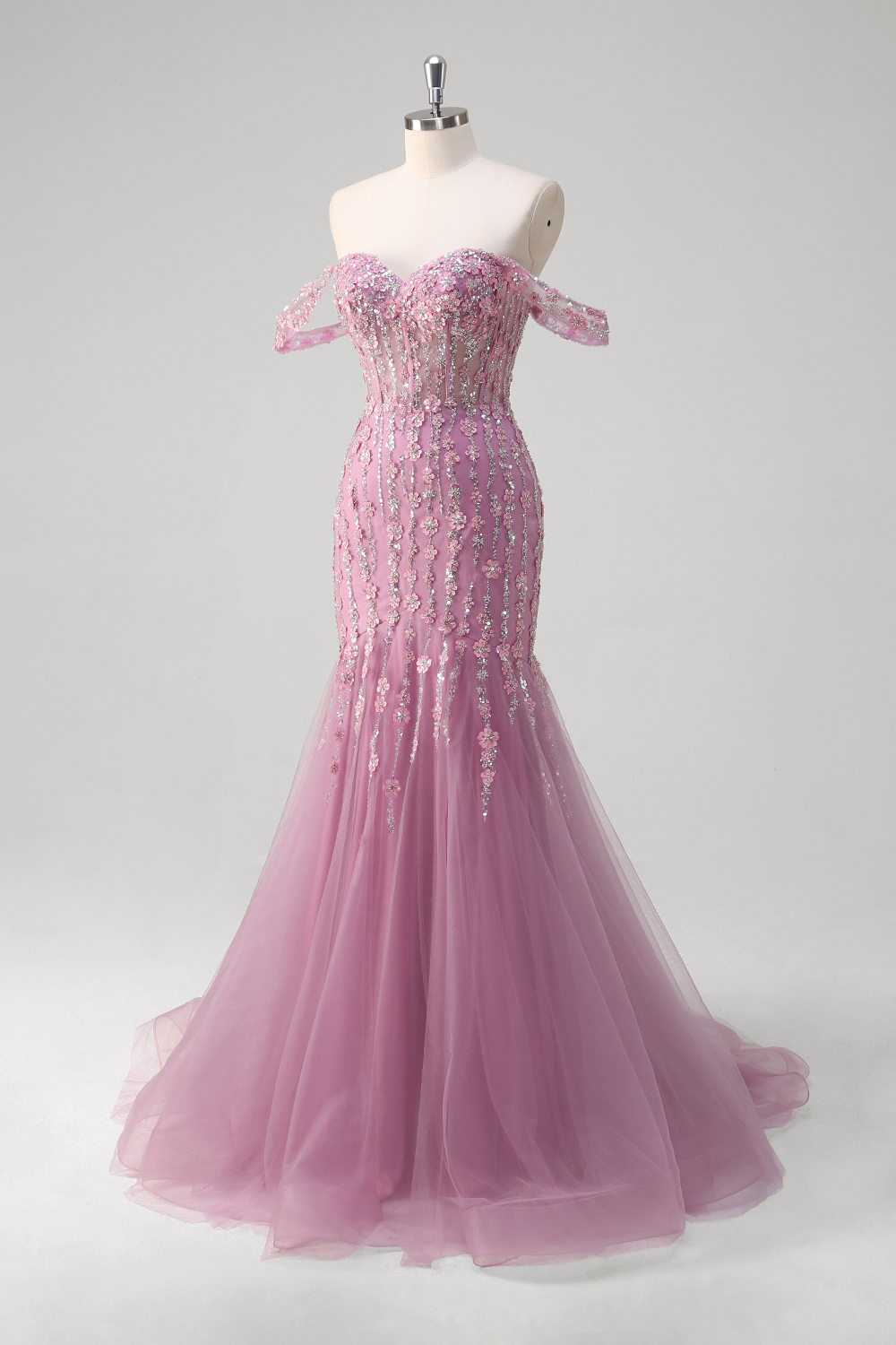 Grey Purple Off the Shoulder Sequins Mermaid Tulle Long Corset Prom Dress with Appliques