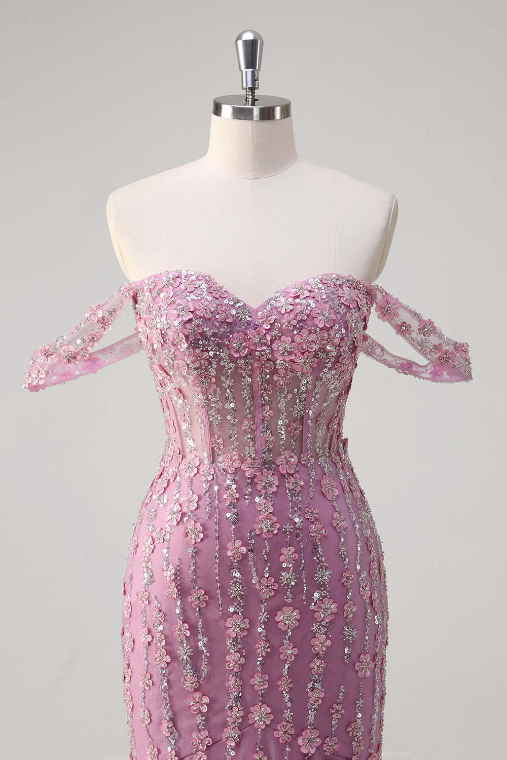 Grey Purple Off the Shoulder Sequins Mermaid Tulle Long Corset Prom Dress with Appliques