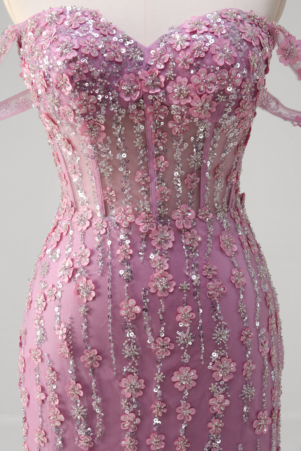 Grey Purple Off the Shoulder Sequins Mermaid Tulle Long Corset Prom Dress with Appliques