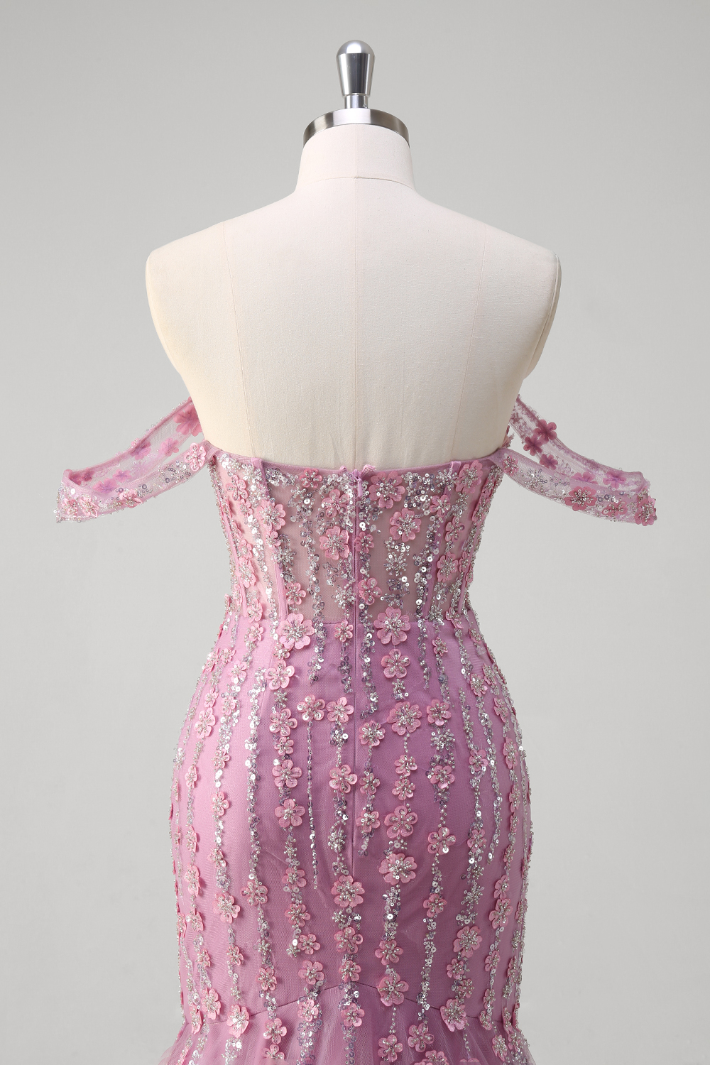 Grey Purple Off the Shoulder Sequins Mermaid Tulle Long Corset Prom Dress with Appliques