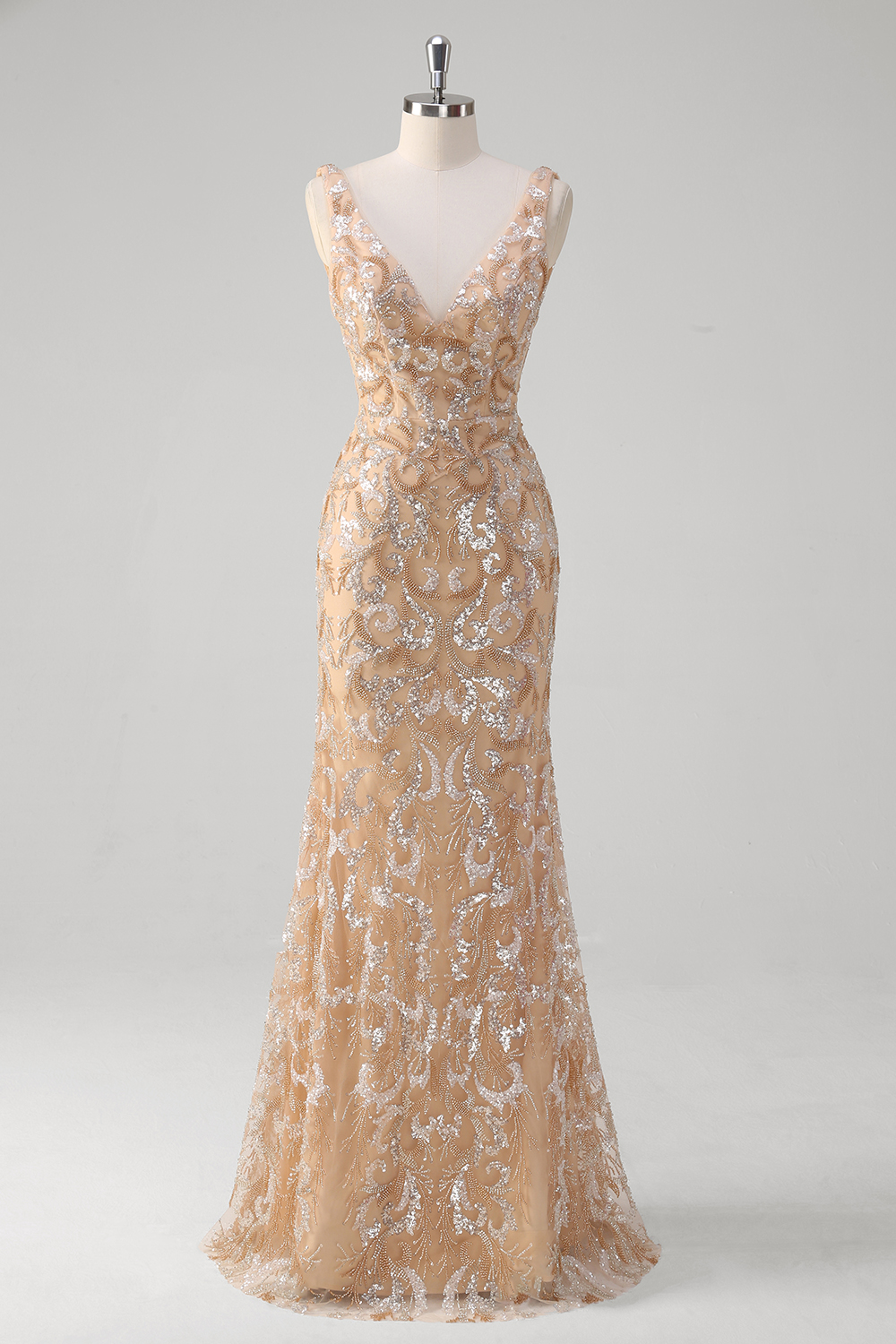Sparkly Champagne V-neck Sequins Mermaid Long Prom Dress with Beading