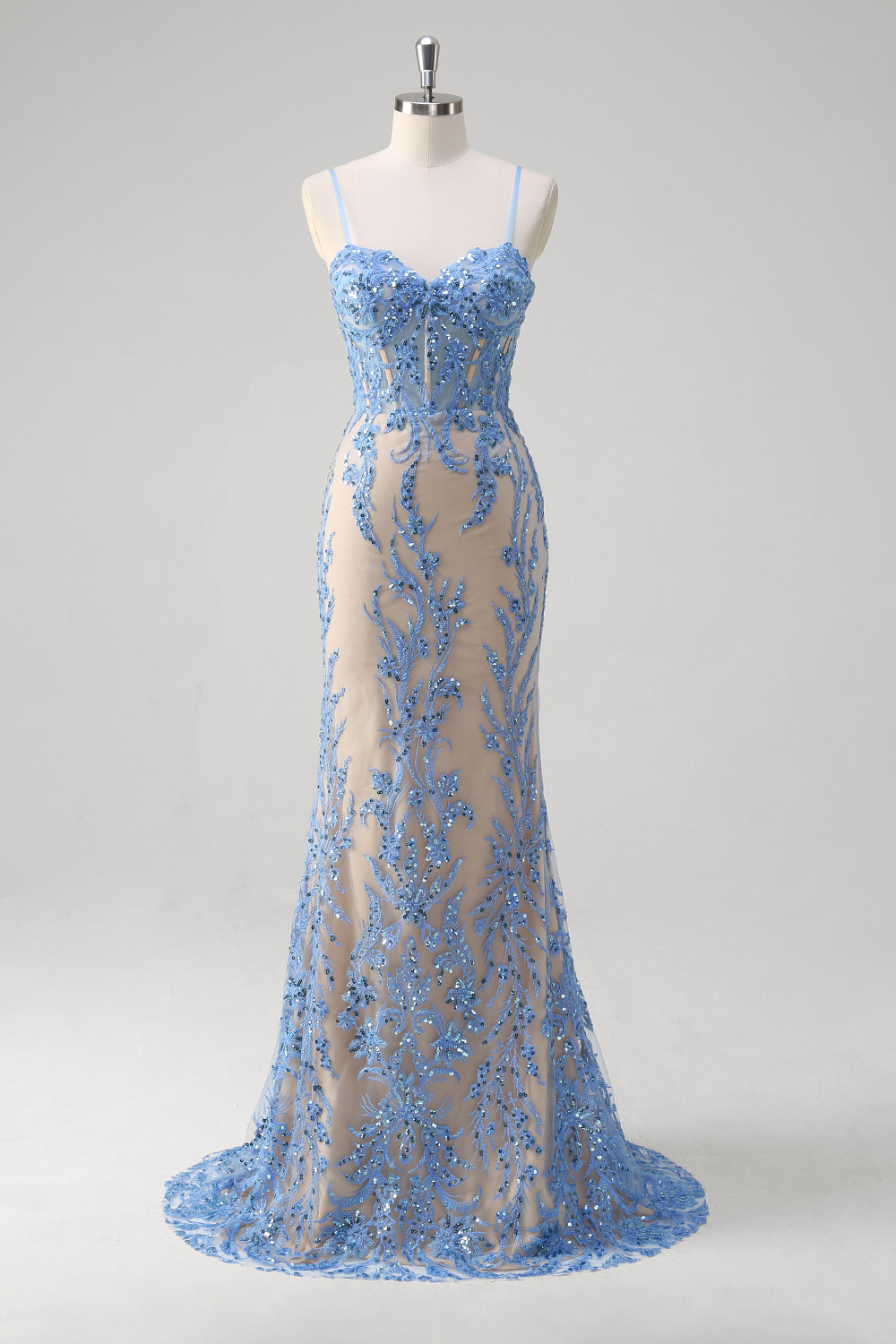 Glitter Blue Spaghetti Straps Embroidery Mermaid Long Corset Prom Dress