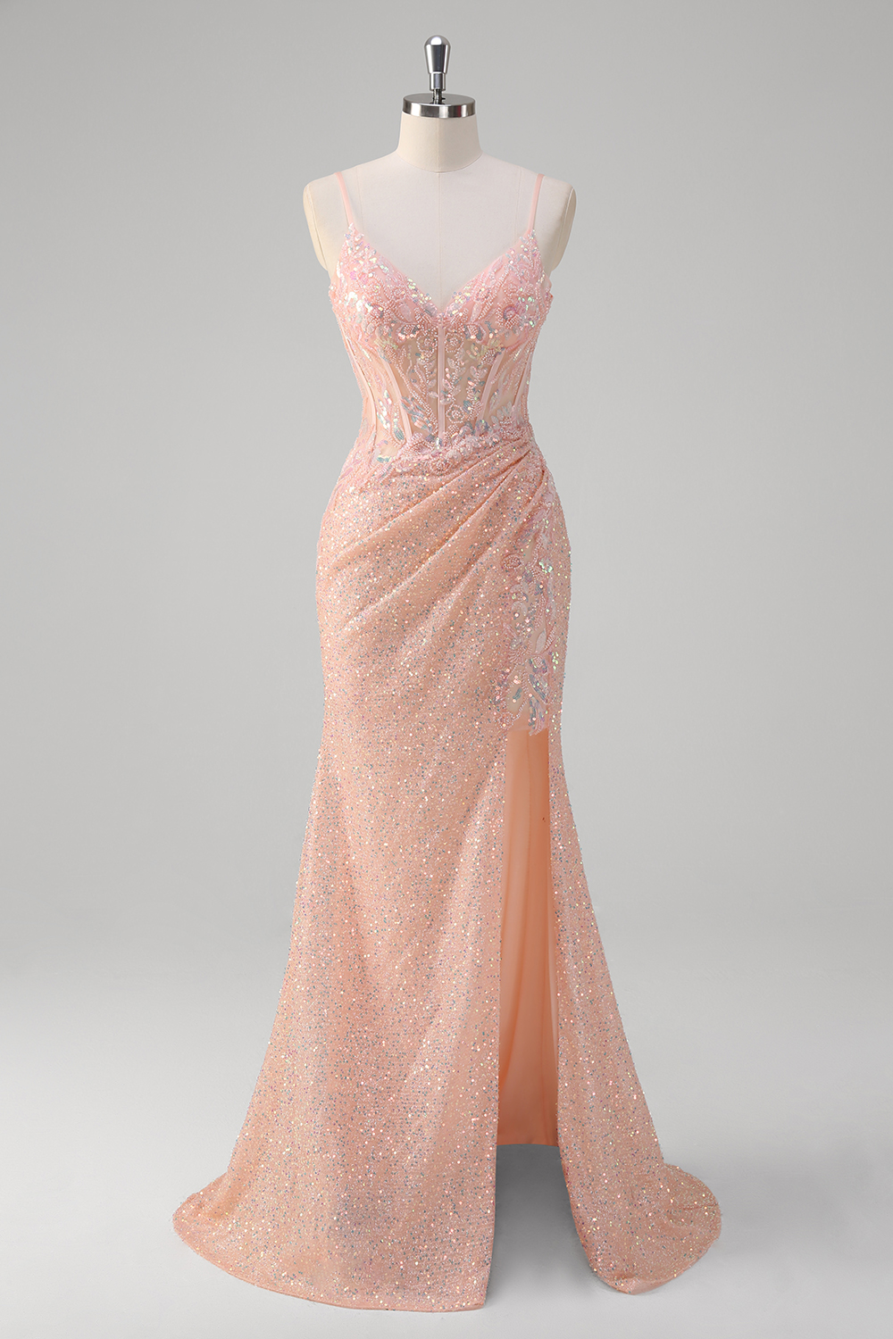 Sparkly Blush Spaghetti Straps Sequins Mermaid Long Prom Dress with Beading