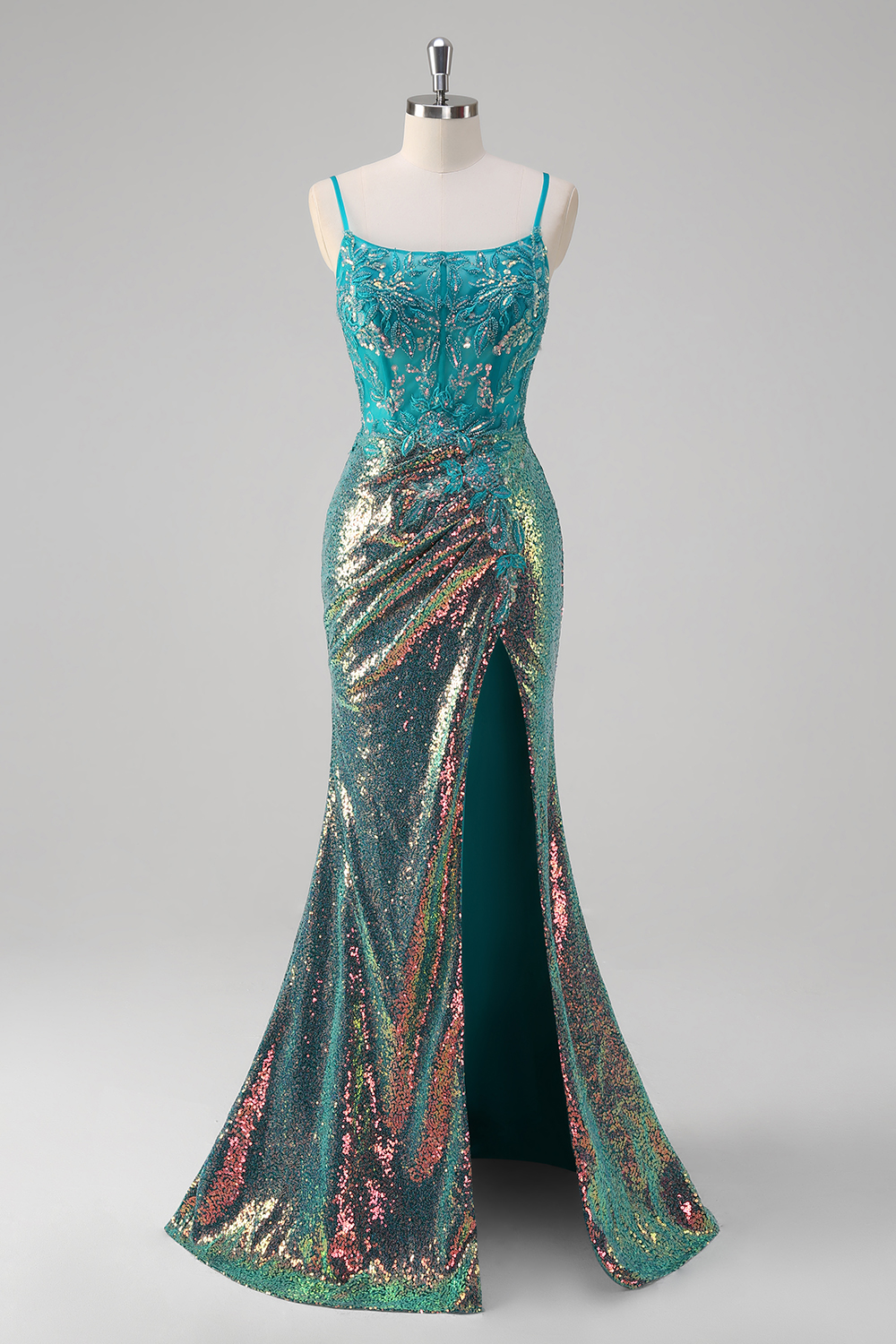 Sparkly Peacock Green Spaghetti Straps Sequins Mermaid Long Corset Prom Dress with Applliques