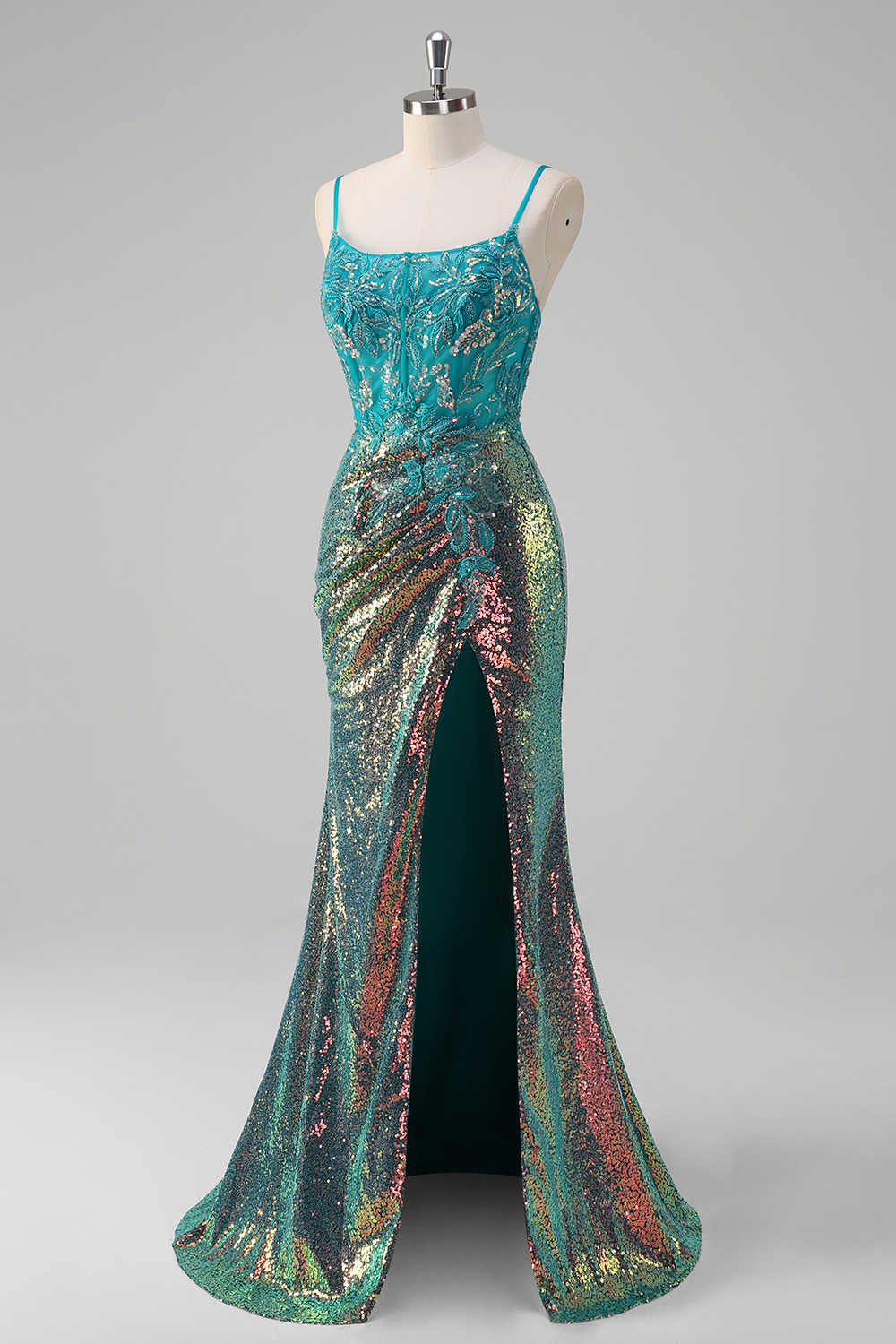 Sparkly Peacock Green Spaghetti Straps Sequins Mermaid Long Corset Prom Dress with Applliques