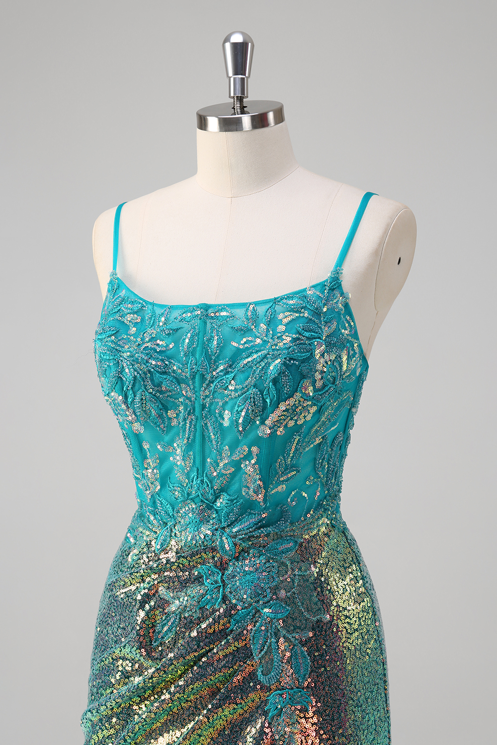 Sparkly Peacock Green Spaghetti Straps Sequins Mermaid Long Corset Prom Dress with Applliques