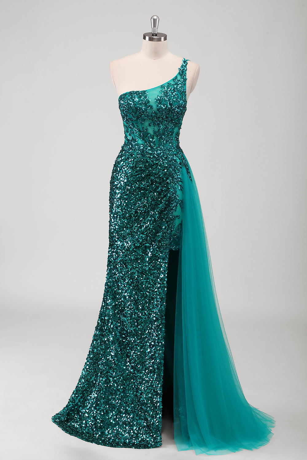 Sparkly Peacock Green One Shoulder Long Corset Prom Dress with Slit