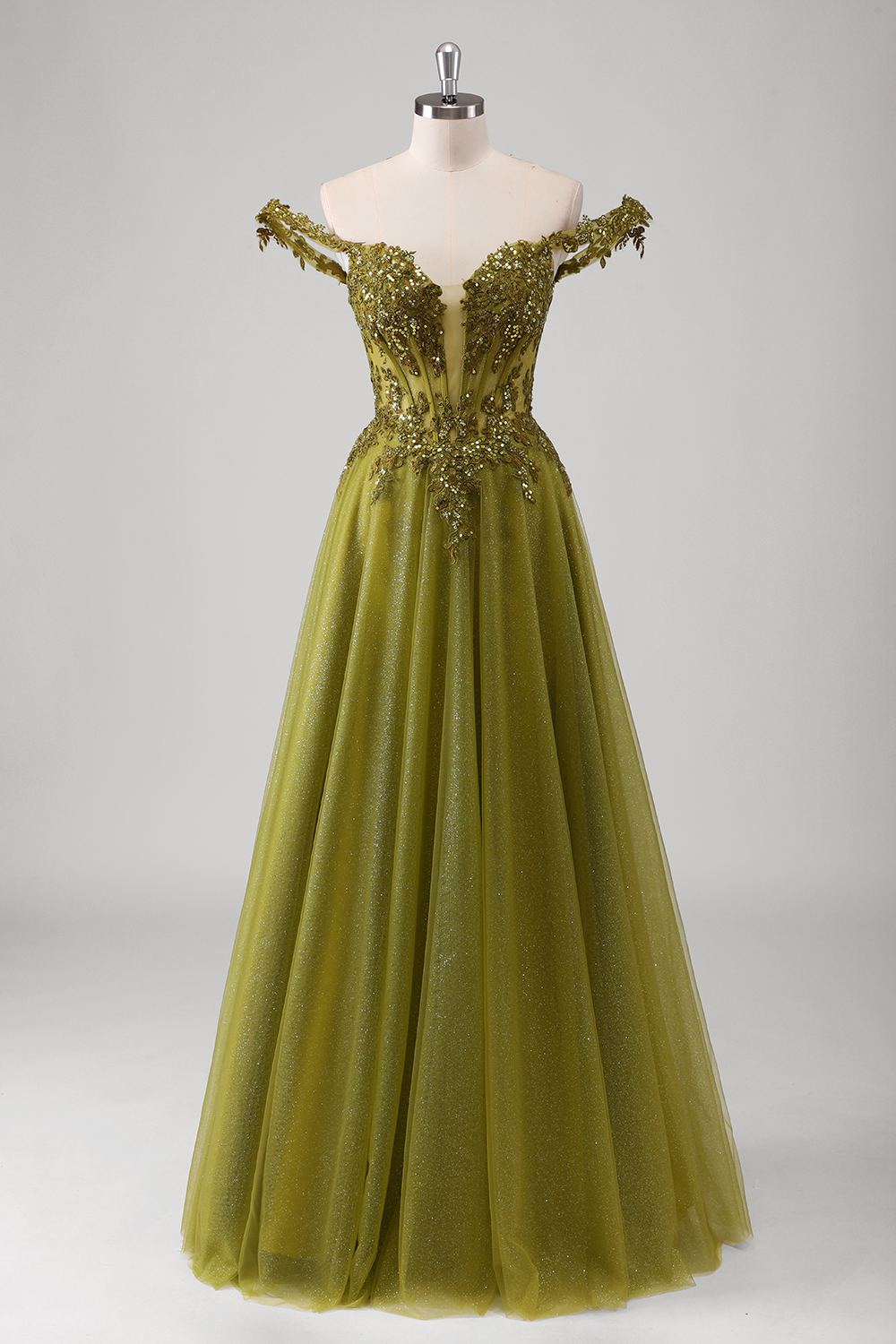 Sparkly Olive Off the Shoulder Tulle A-Line Long Corset Prom Dress with Appliques