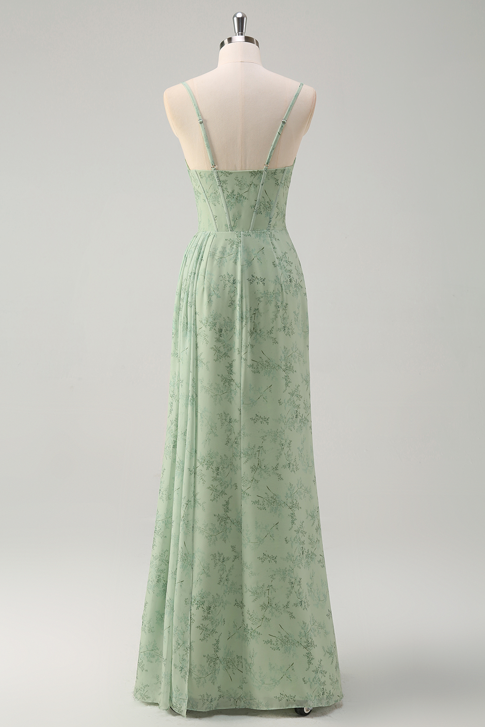 Dusty Sage Floral Printed Spaghetti Straps Mermaid Chiffon Long Corset Prom Dress with Slit