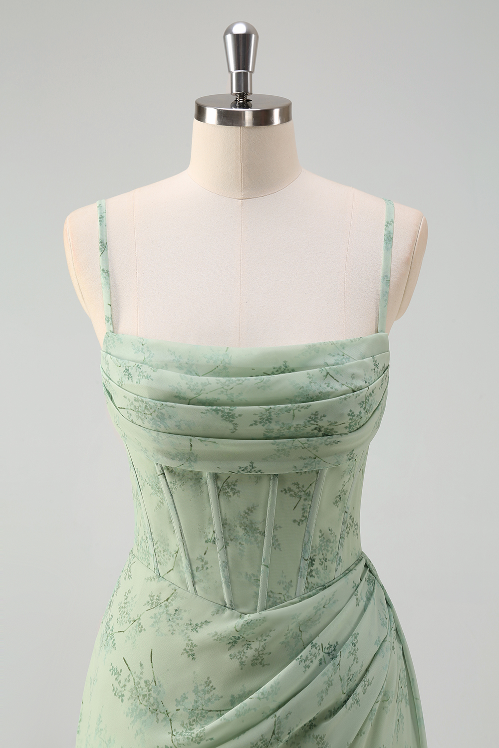 Dusty Sage Floral Printed Spaghetti Straps Mermaid Chiffon Long Corset Prom Dress with Slit