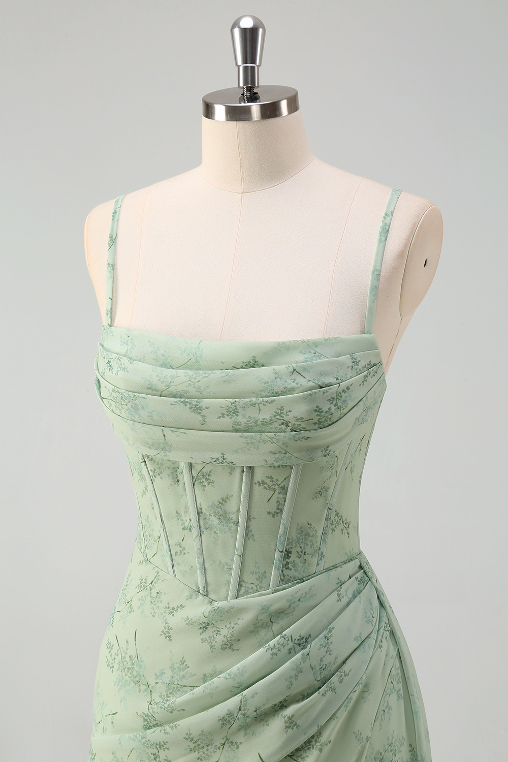 Dusty Sage Floral Printed Spaghetti Straps Mermaid Chiffon Long Corset Prom Dress with Slit