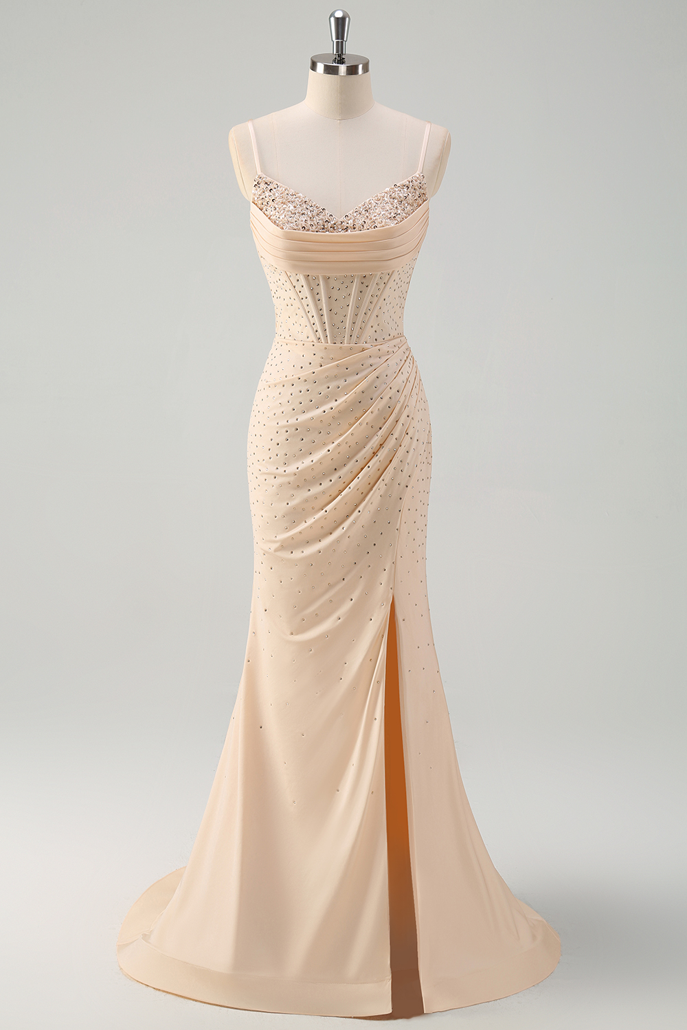 Sparkly Yellow Spaghetti Straps Mermaid Beaded Long Corset Prom Dress with Slit