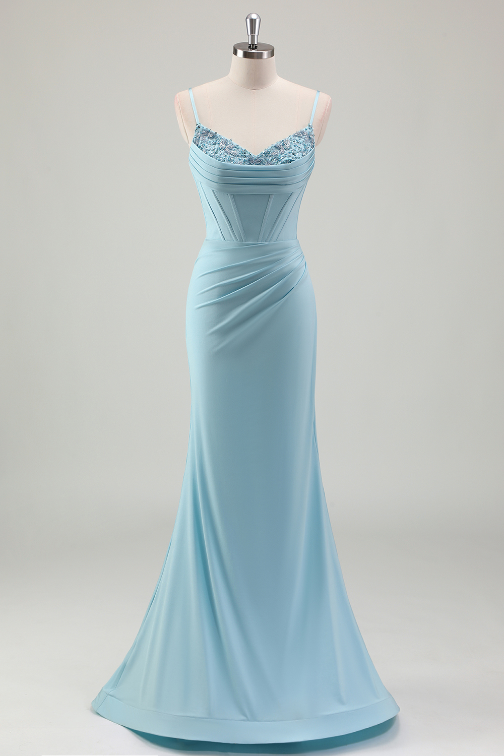 Blue Spaghetti Straps Mermaid Satin Ruched Long Corset Prom Dress with Beading