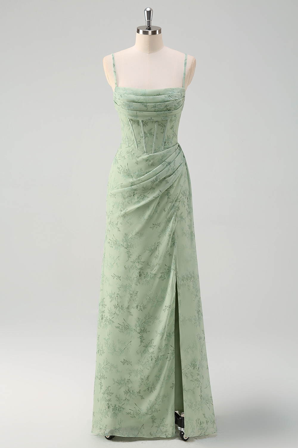 Dusty Sage Floral Printed Spaghetti Straps Mermaid Chiffon Long Corset Prom Dress with Slit