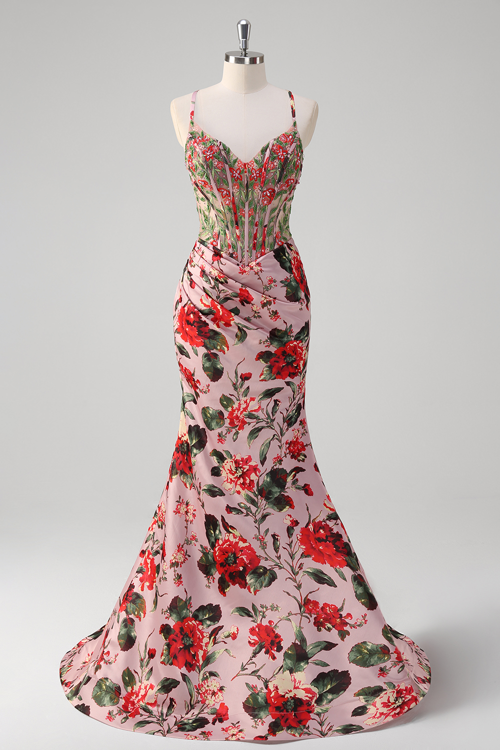 Blush Floral Printed Spaghetti Straps Mermaid Long Corset Prom Dress 