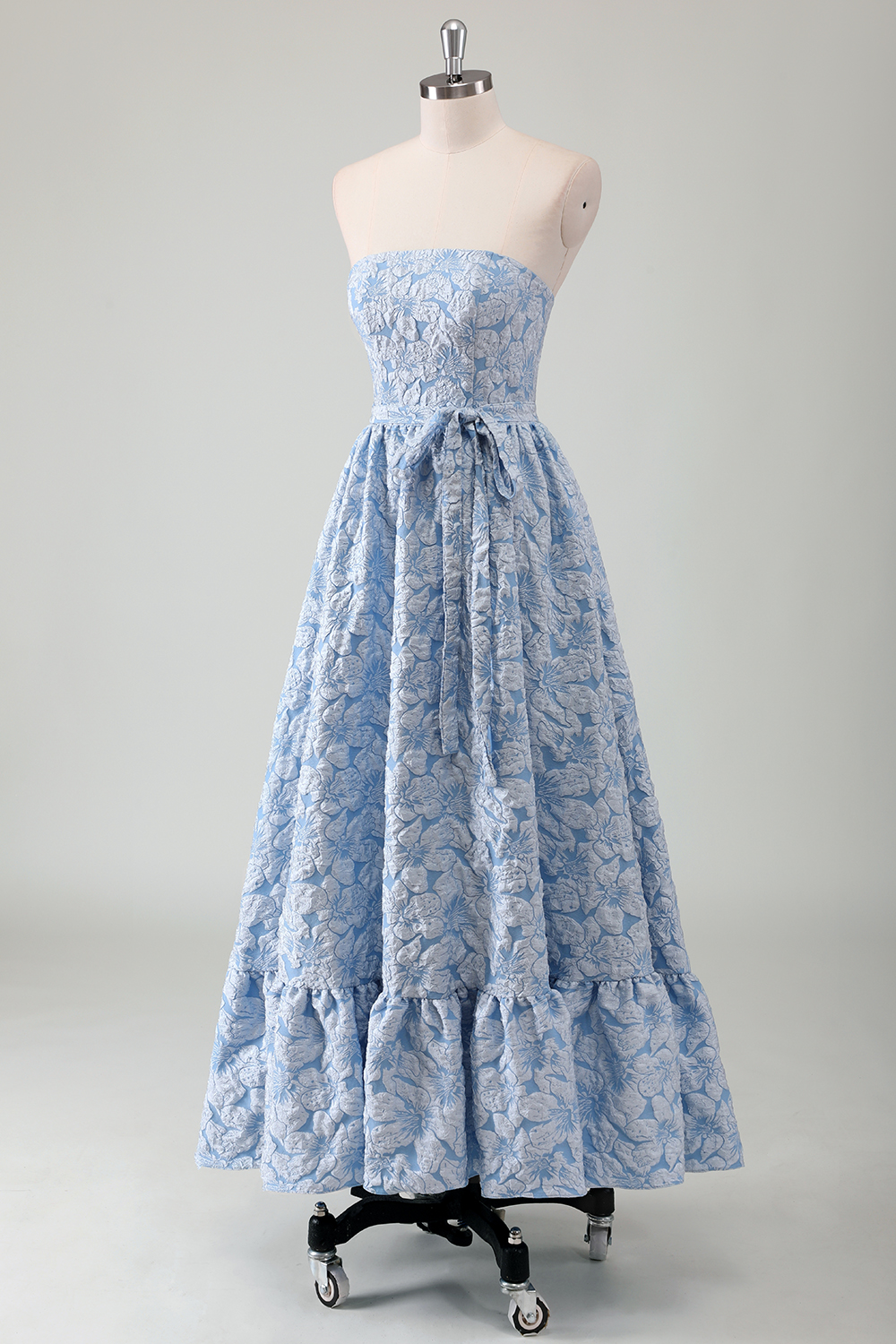 Trendy Blue Floral Printed Strapless A-Line Long Prom Dress with Belt