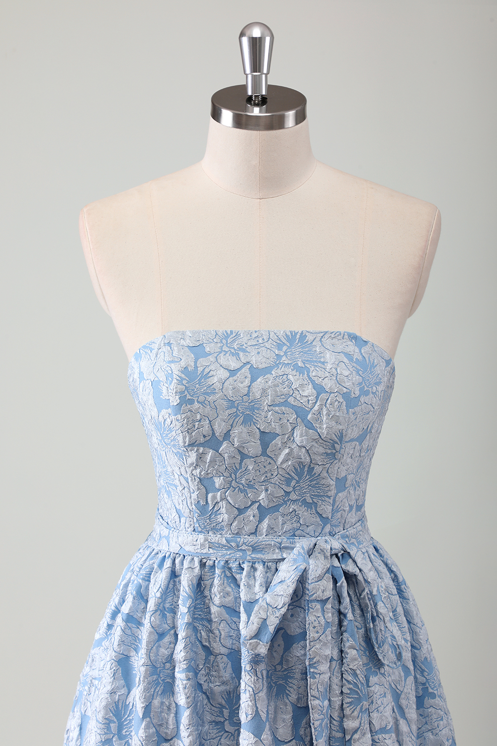 Trendy Blue Floral Printed Strapless A-Line Long Prom Dress with Belt