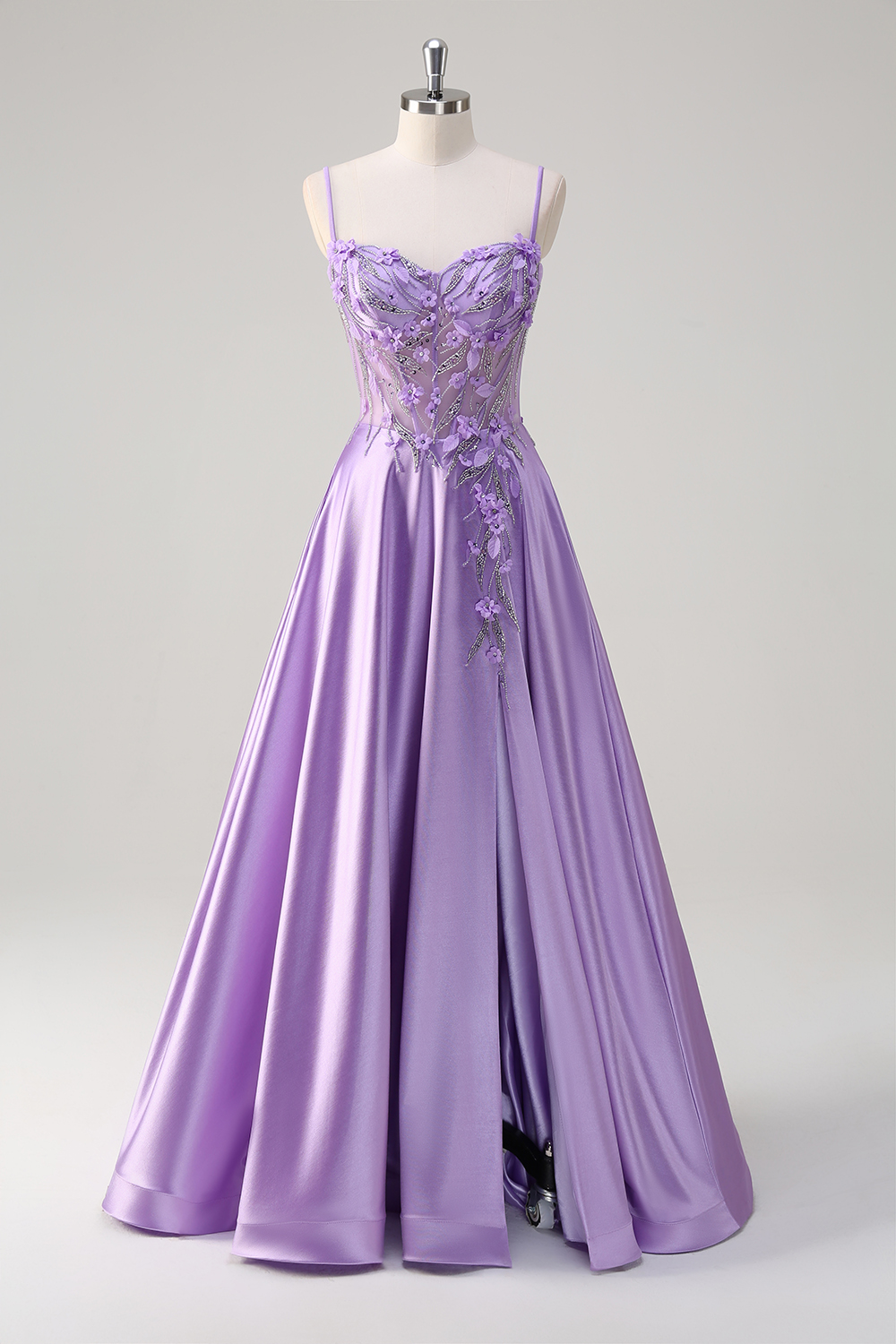 Purple Spaghetti Straps Satin A-Line Long Corset Prom Dress with Beading