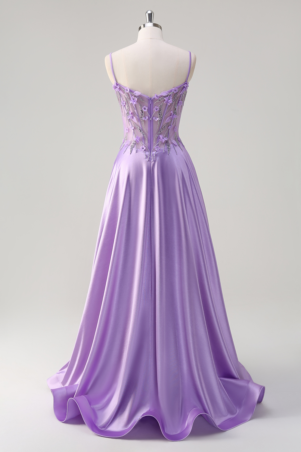 Purple Spaghetti Straps Satin A-Line Long Corset Prom Dress with Beading