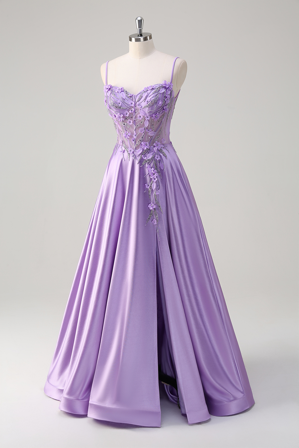 Purple Spaghetti Straps Satin A-Line Long Corset Prom Dress with Beading