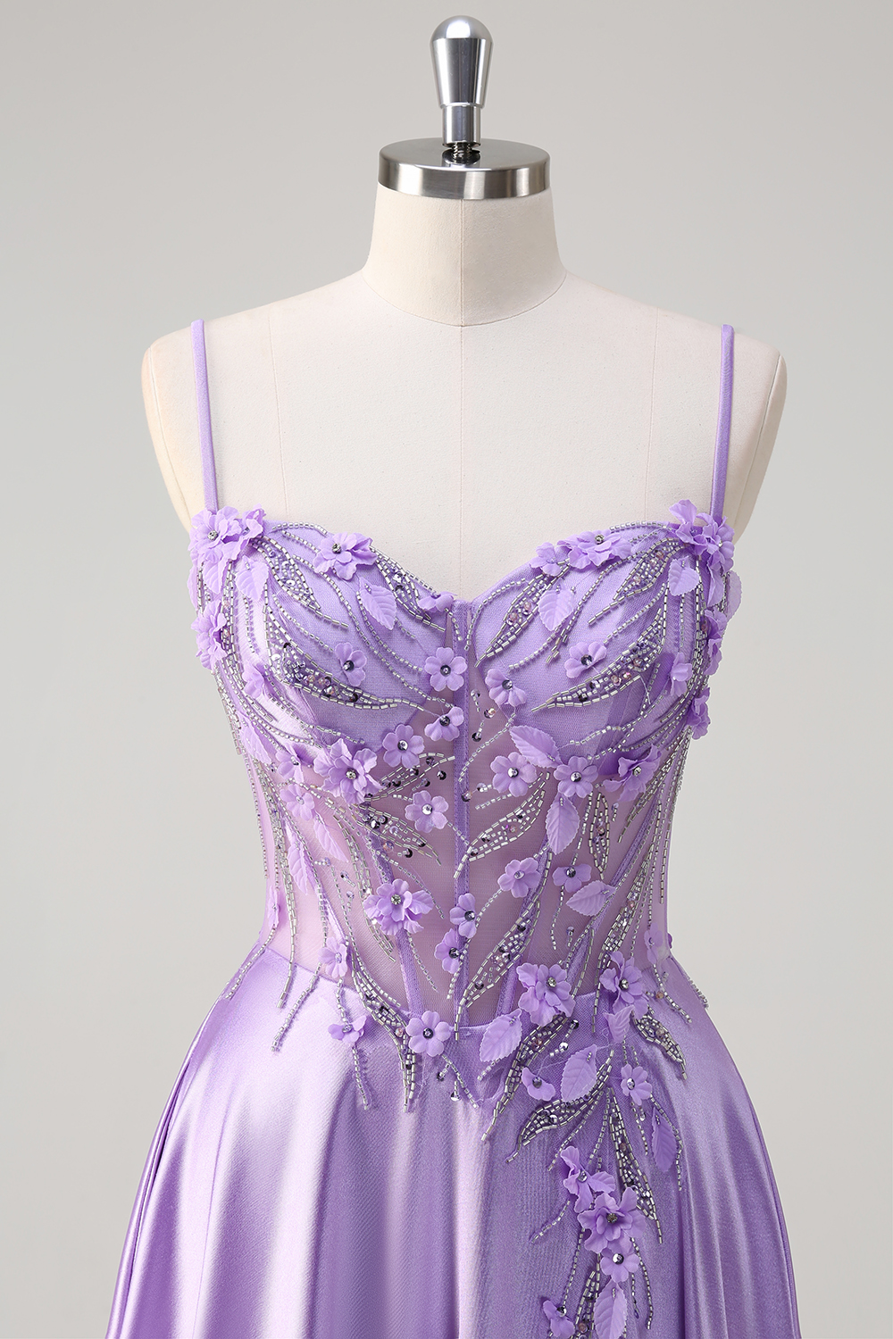 Purple Spaghetti Straps Satin A-Line Long Corset Prom Dress with Beading