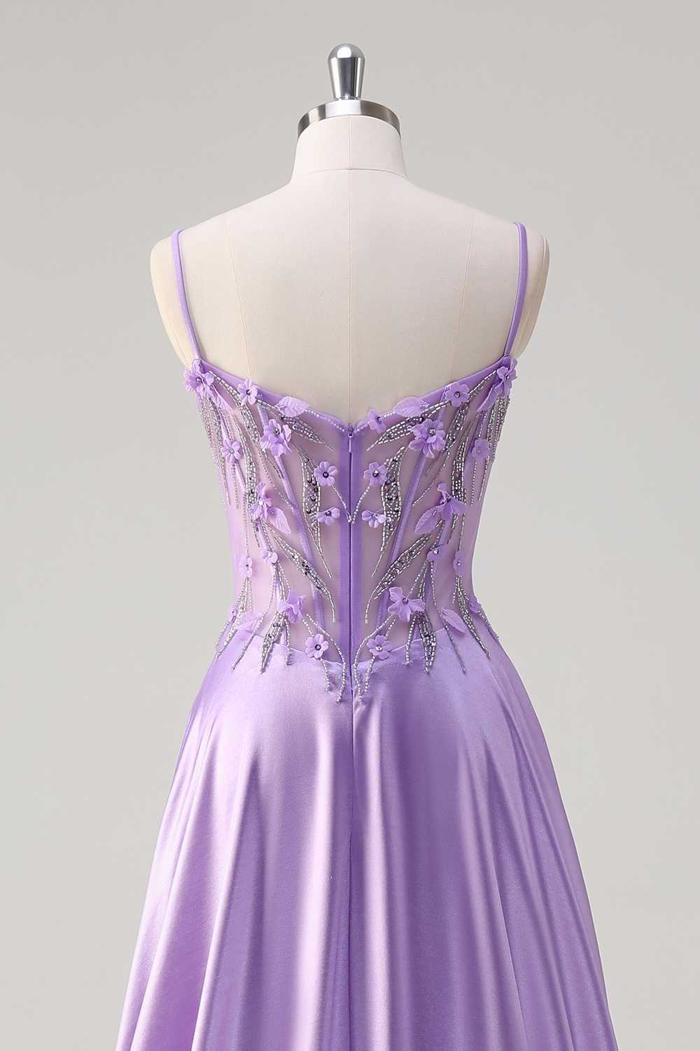 Purple Spaghetti Straps Satin A-Line Long Corset Prom Dress with Beading