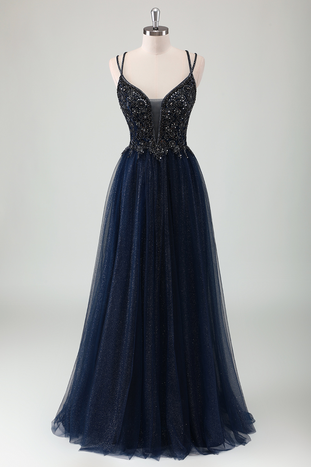 Glitter Navy Spaghetti Straps Tulle Beaded A-Line Long Corset Prom Dress 