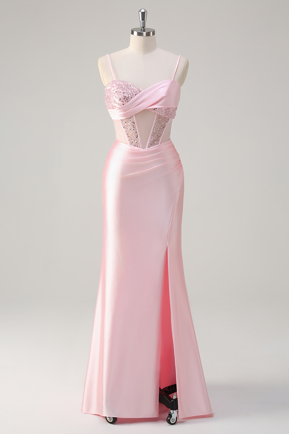 Sparkly Pink Spaghetti Straps Mermaid Satin Long Corset Prom Dress with Sequins
