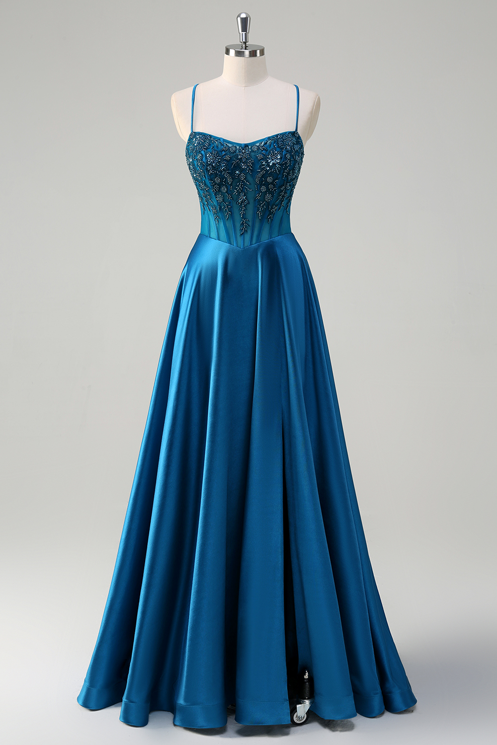 Blue Spaghetti Straps Satin A-Line Long Corset Prom Dress with Appliques