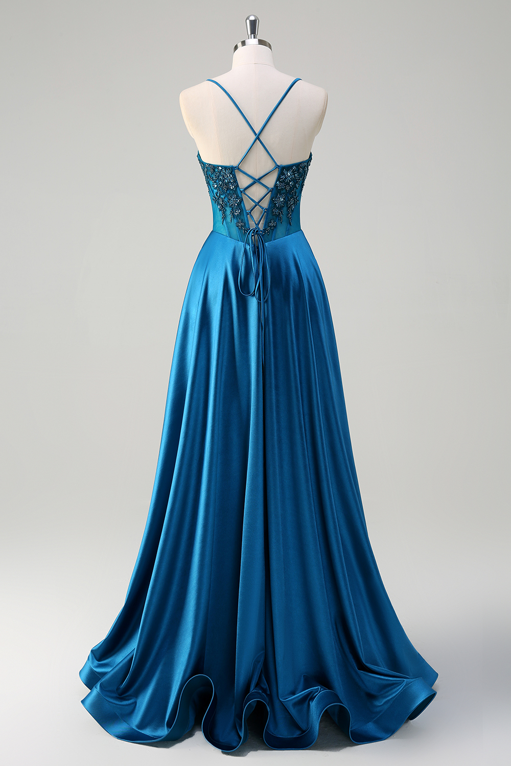 Blue Spaghetti Straps Satin A-Line Long Corset Prom Dress with Appliques