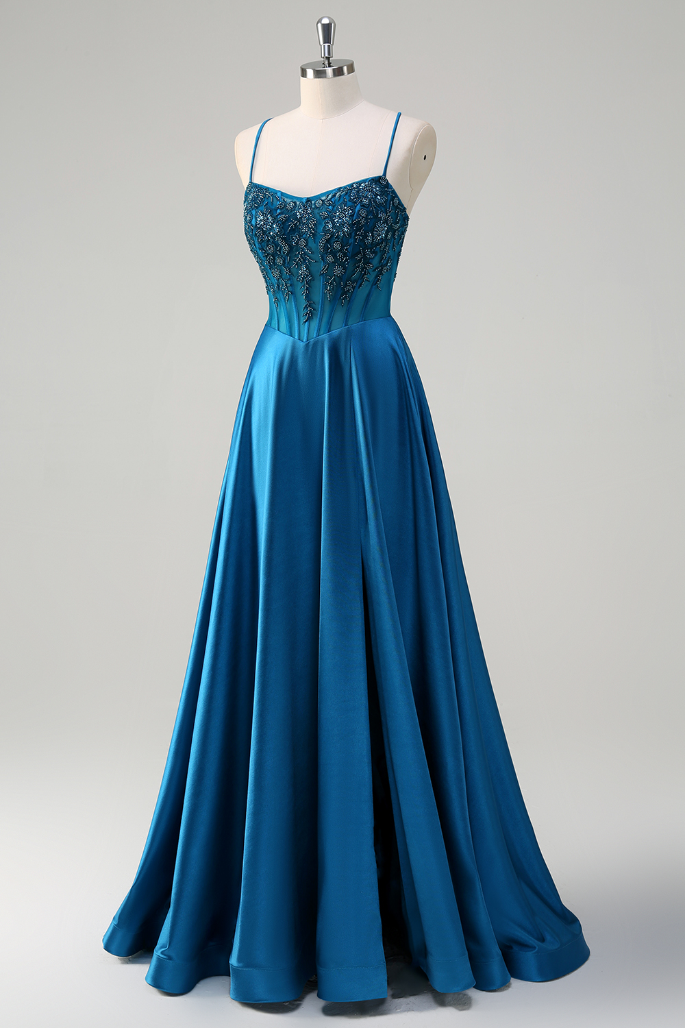 Blue Spaghetti Straps Satin A-Line Long Corset Prom Dress with Appliques