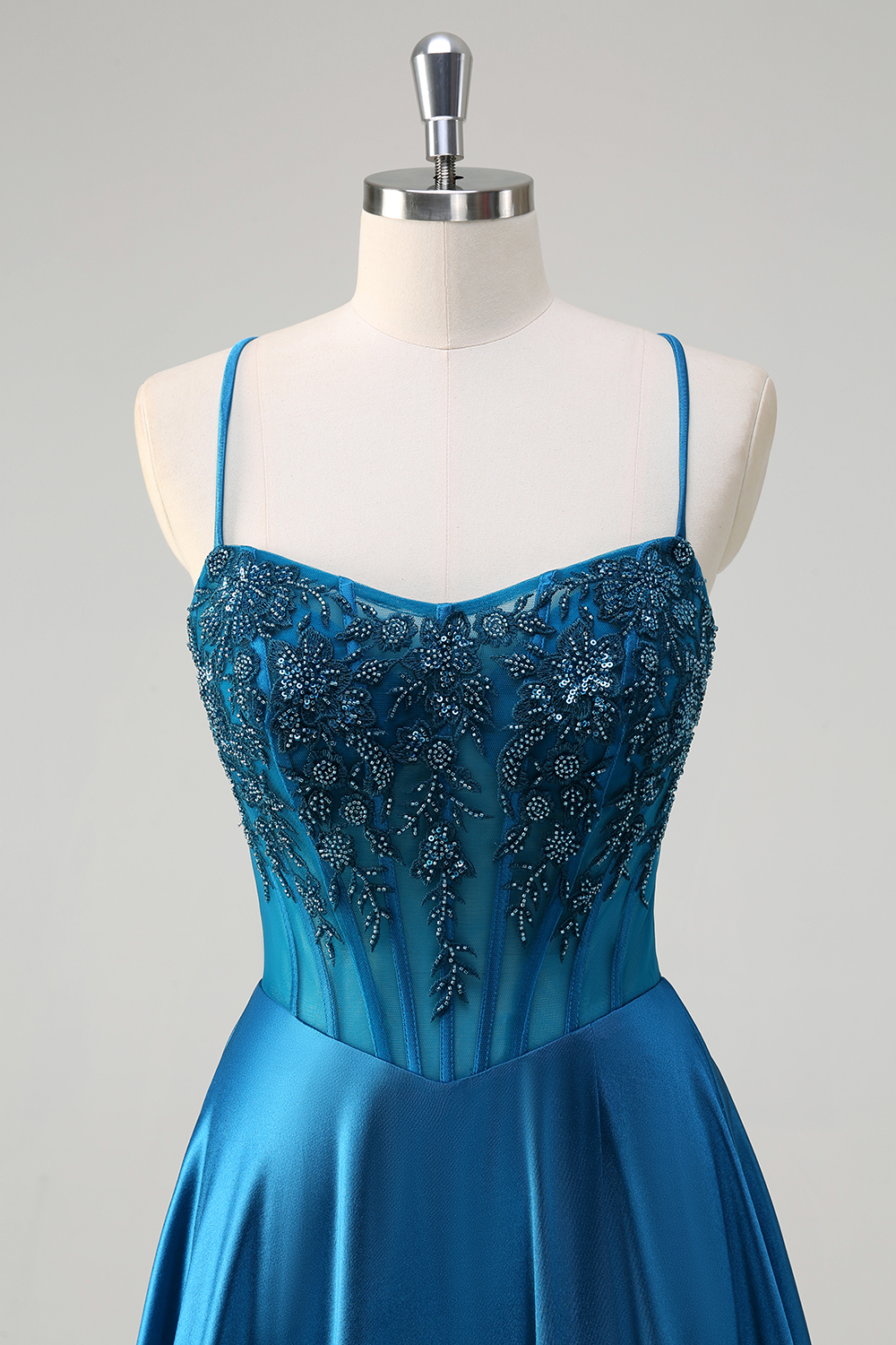 Blue Spaghetti Straps Satin A-Line Long Corset Prom Dress with Appliques