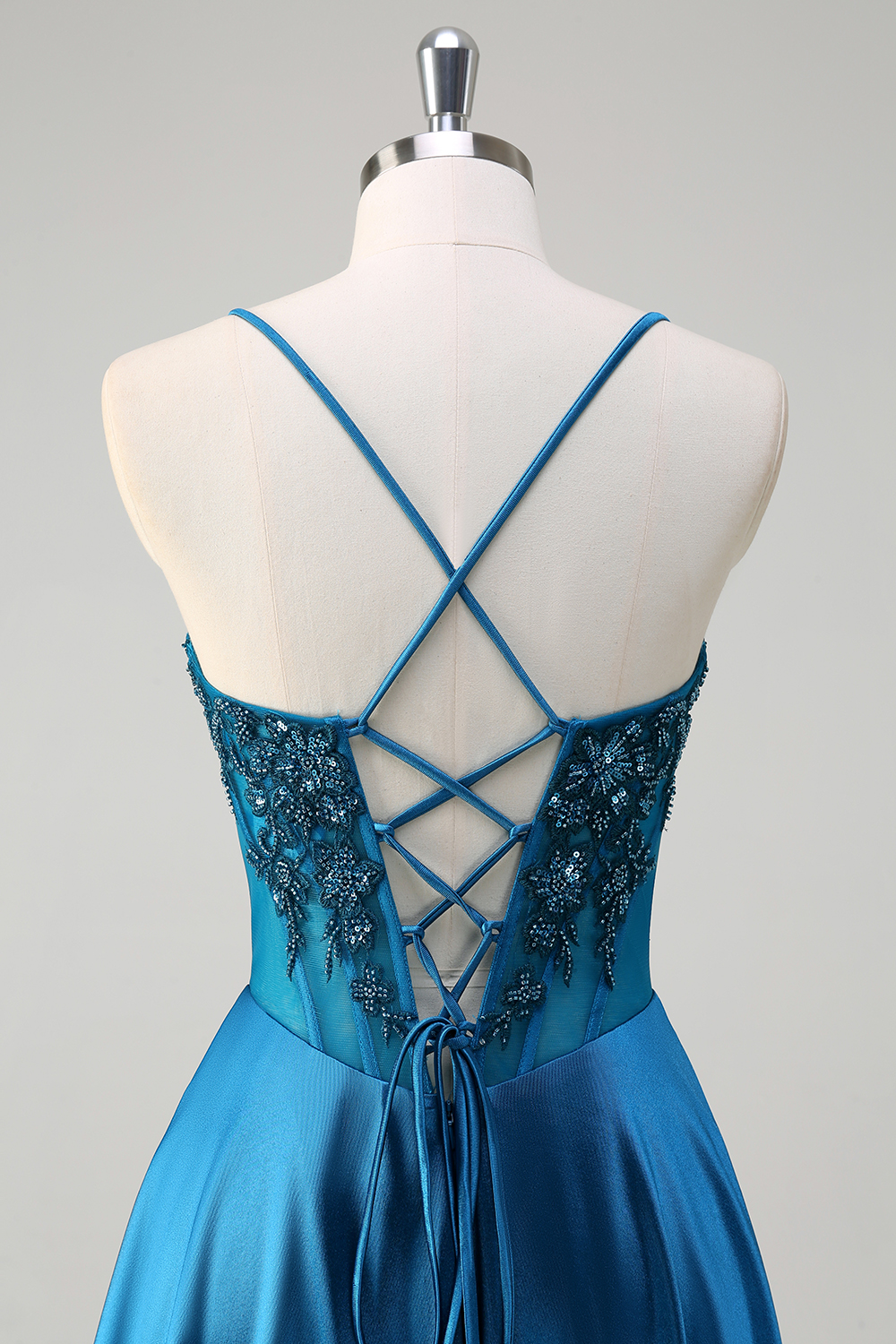 Blue Spaghetti Straps Satin A-Line Long Corset Prom Dress with Appliques