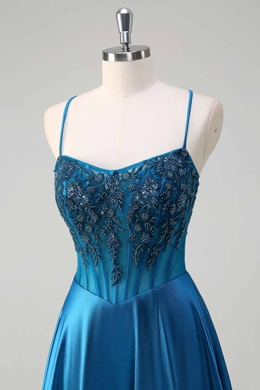 Blue Spaghetti Straps Satin A-Line Long Corset Prom Dress with Appliques