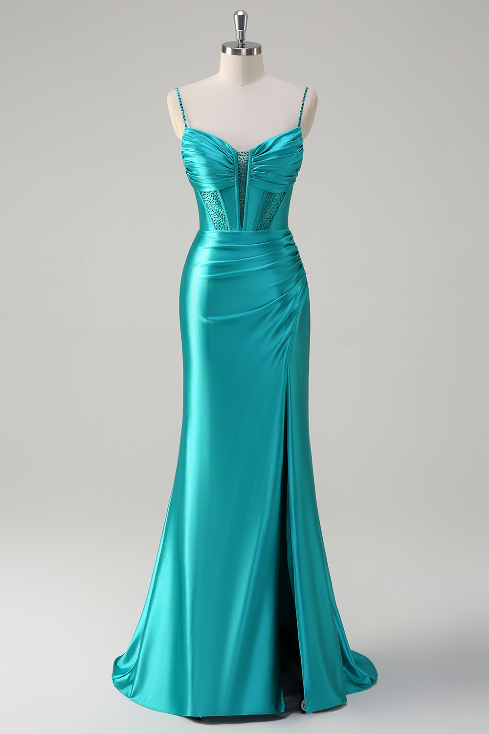 Peacock Green Spaghetti Straps Mermaid Ruched Satin Long Corset Prom Dress with Slit