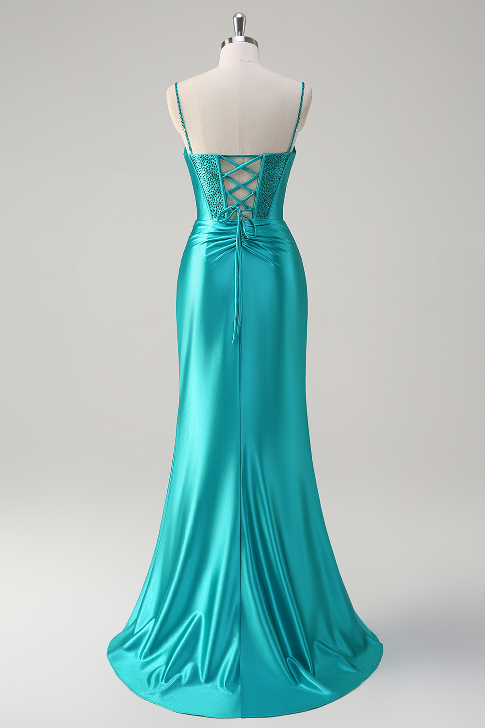 Peacock Green Spaghetti Straps Mermaid Ruched Satin Long Corset Prom Dress with Slit