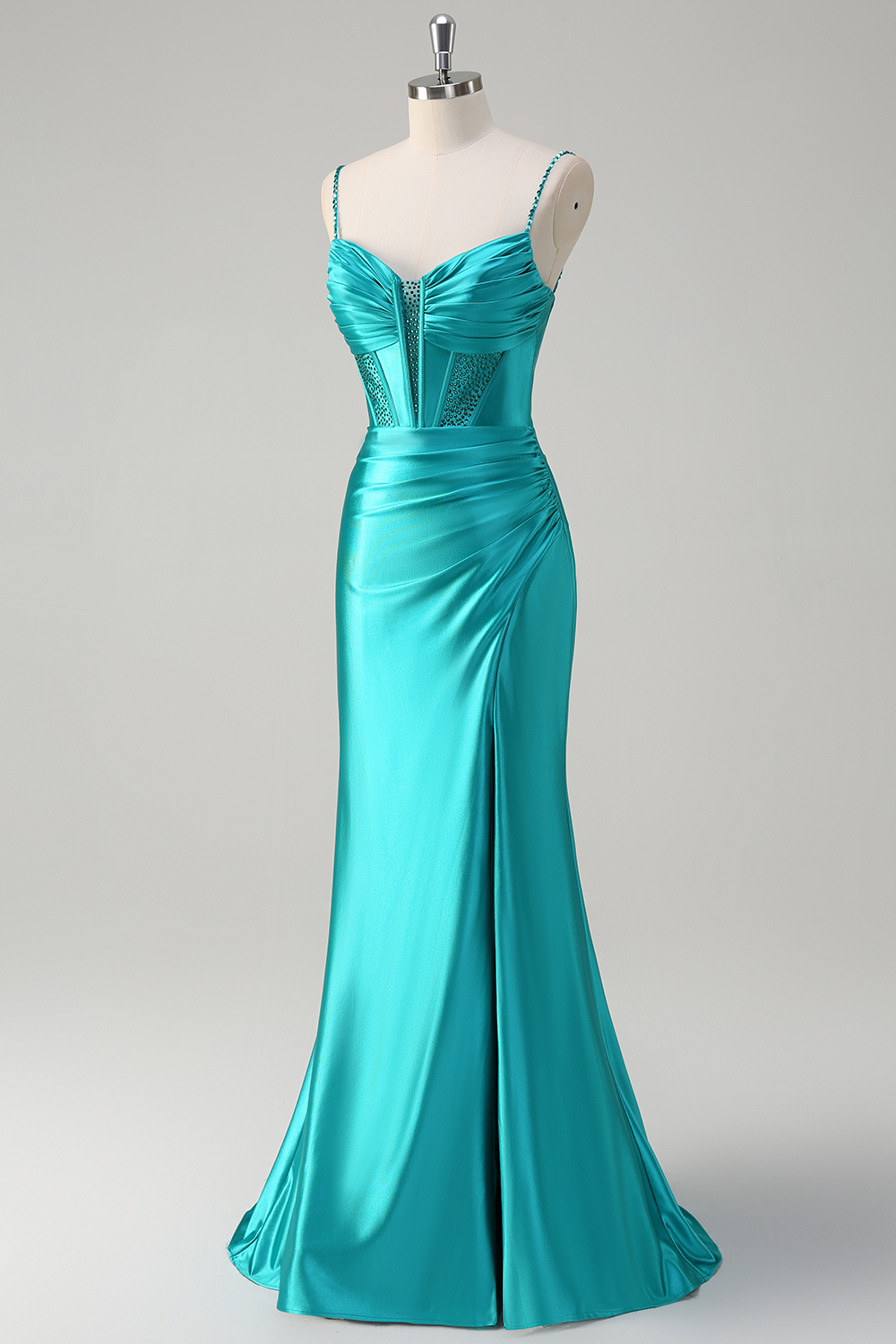 Peacock Green Spaghetti Straps Mermaid Ruched Satin Long Corset Prom Dress with Slit