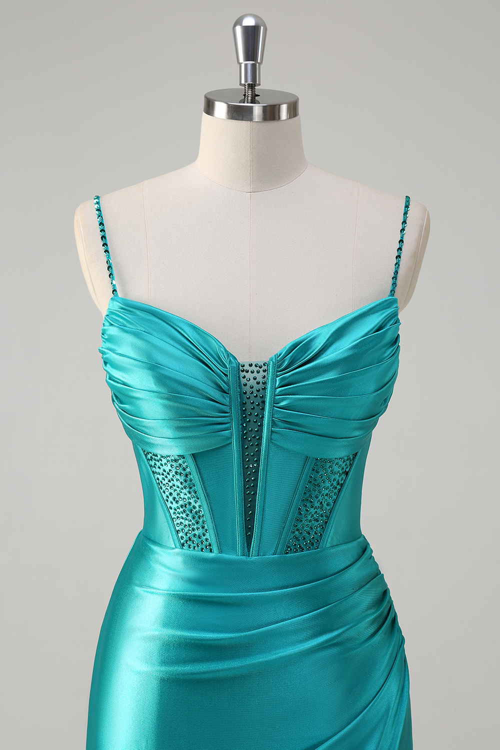 Peacock Green Spaghetti Straps Mermaid Ruched Satin Long Corset Prom Dress with Slit