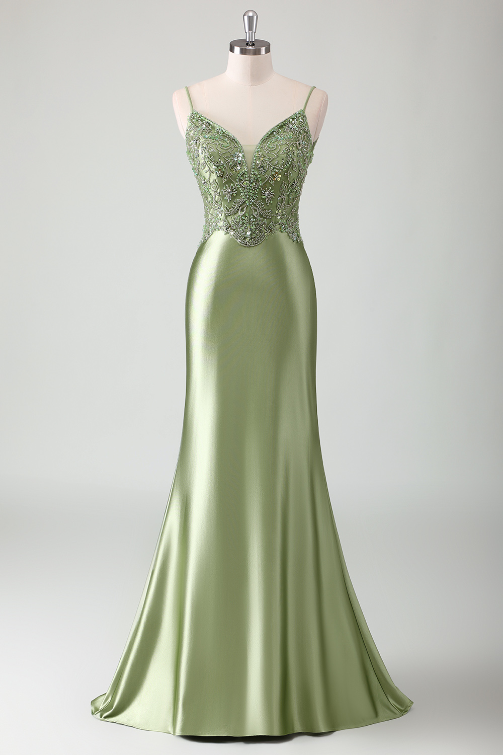 Sage Green Spaghetti Straps Mermaid Satin Long Corset Prom Dress with Beading