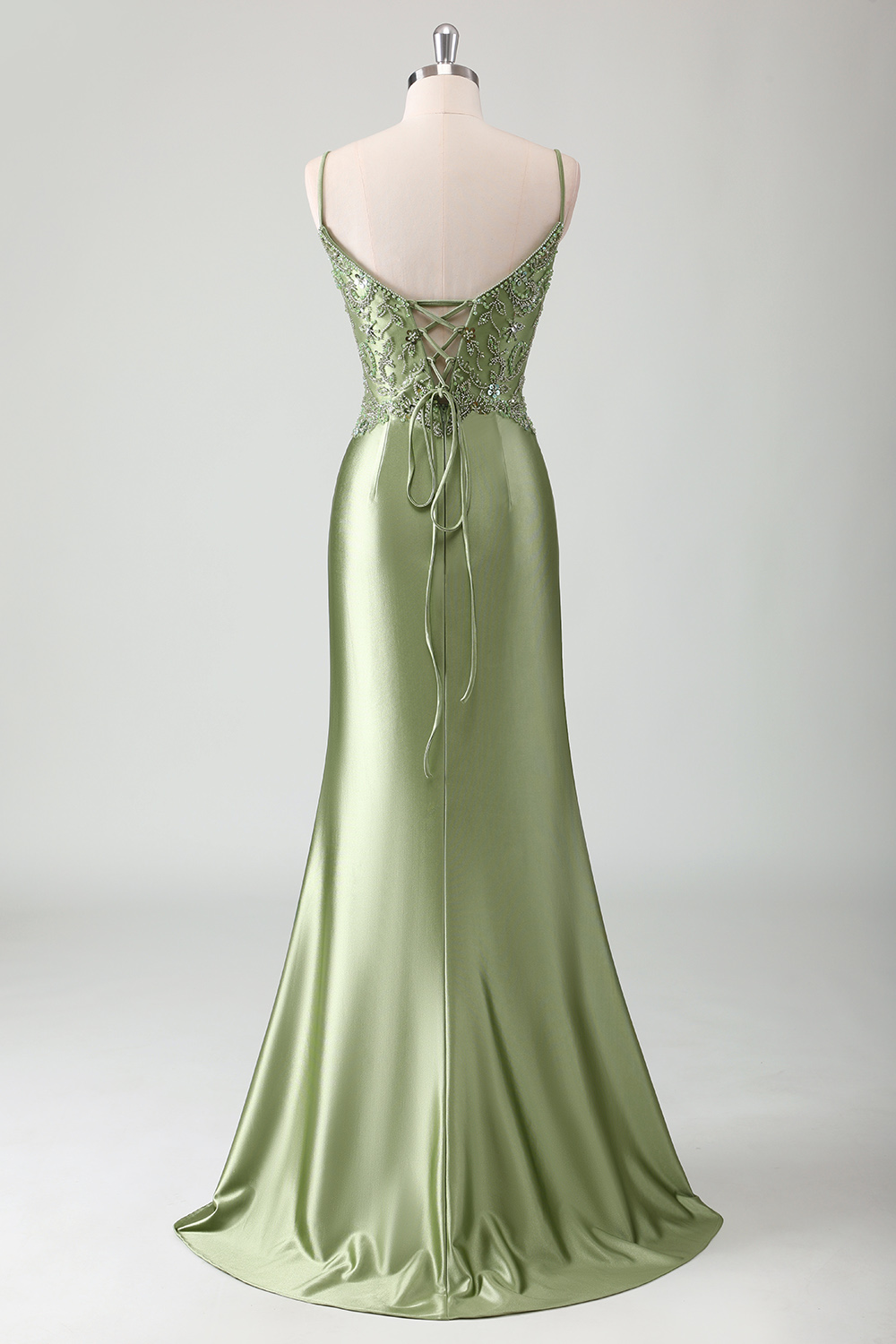 Sage Green Spaghetti Straps Mermaid Satin Long Corset Prom Dress with Beading
