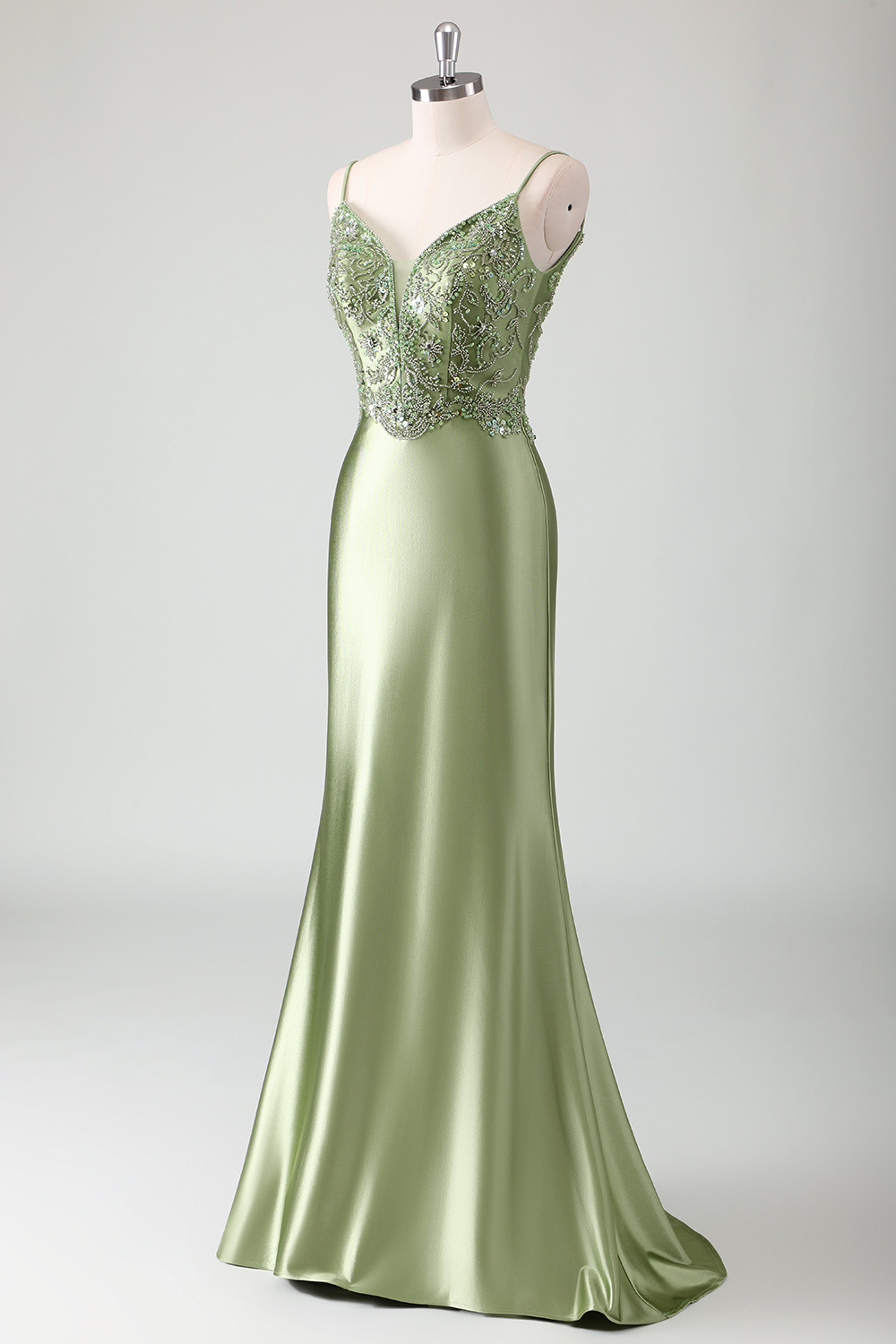 Sage Green Spaghetti Straps Mermaid Satin Long Corset Prom Dress with Beading