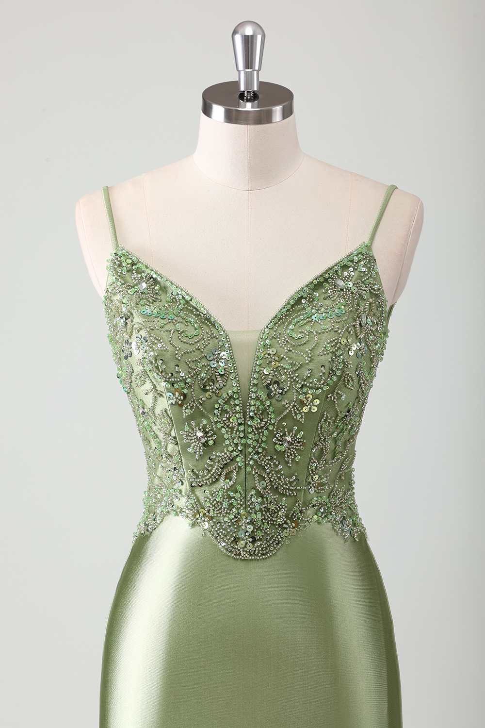 Sage Green Spaghetti Straps Mermaid Satin Long Corset Prom Dress with Beading