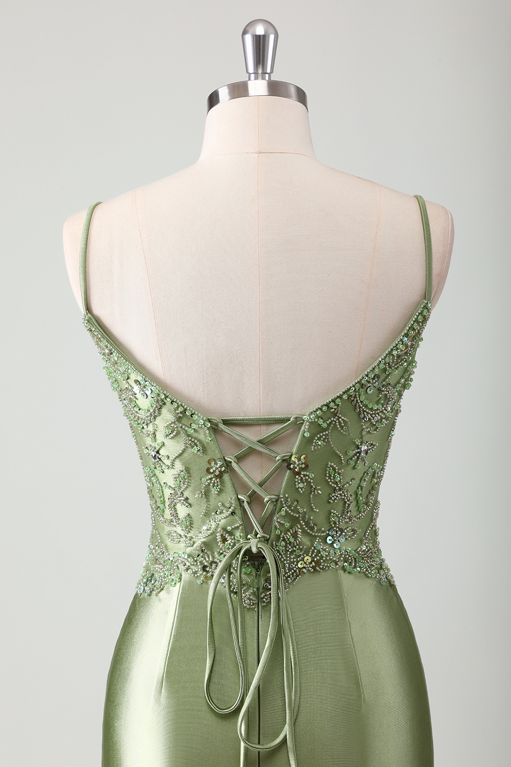 Sage Green Spaghetti Straps Mermaid Satin Long Corset Prom Dress with Beading
