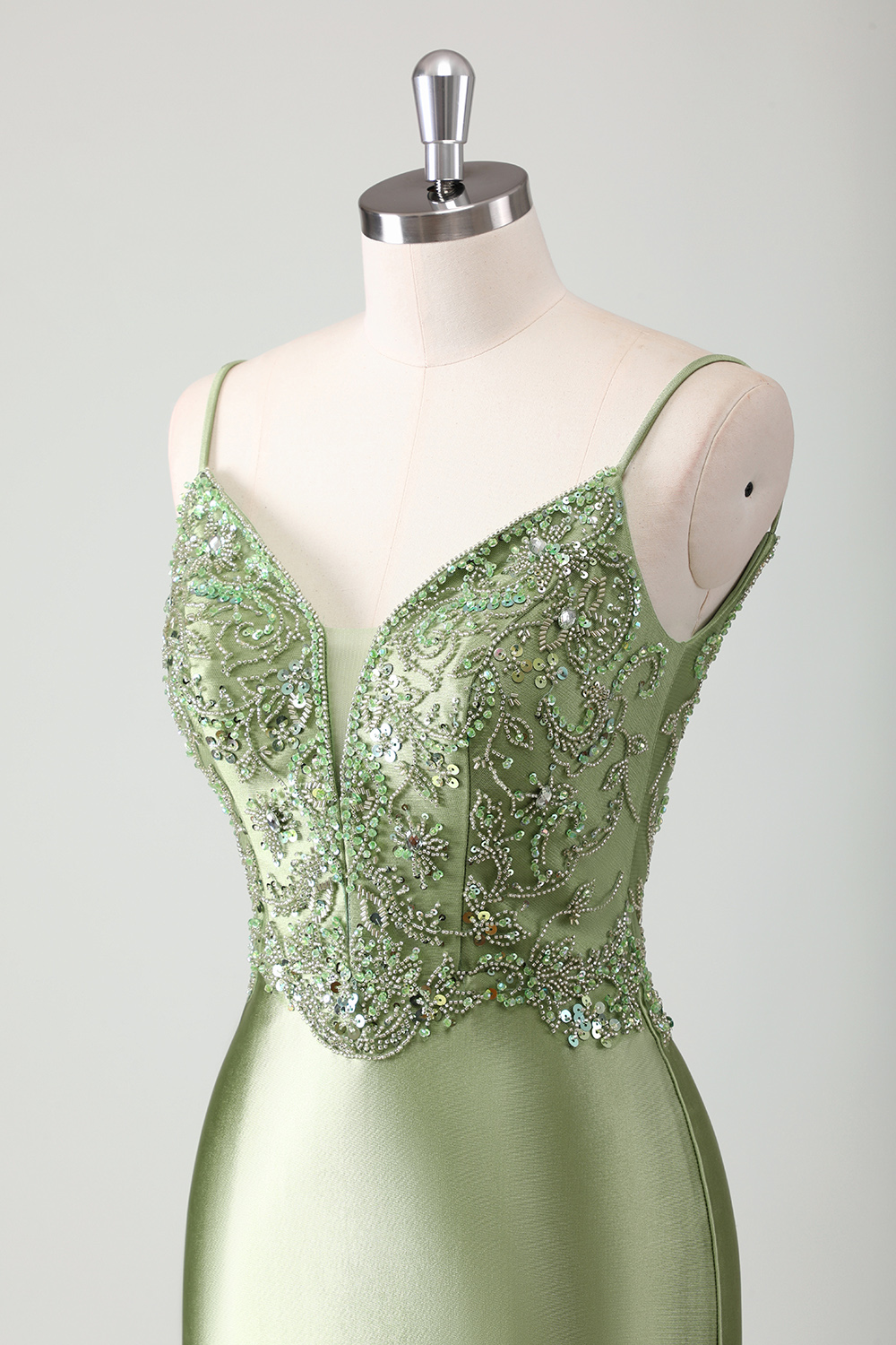 Sage Green Spaghetti Straps Mermaid Satin Long Corset Prom Dress with Beading