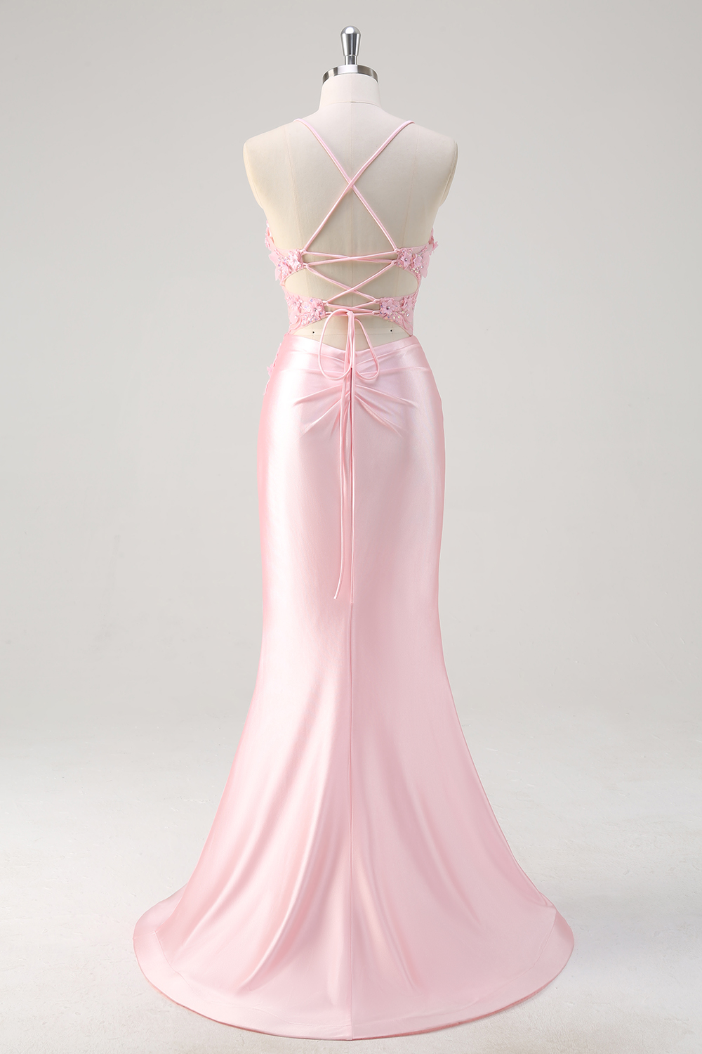 Pink Spaghetti Straps Satin Ruched Mermaid Long Corset Prom Dress with Appliques