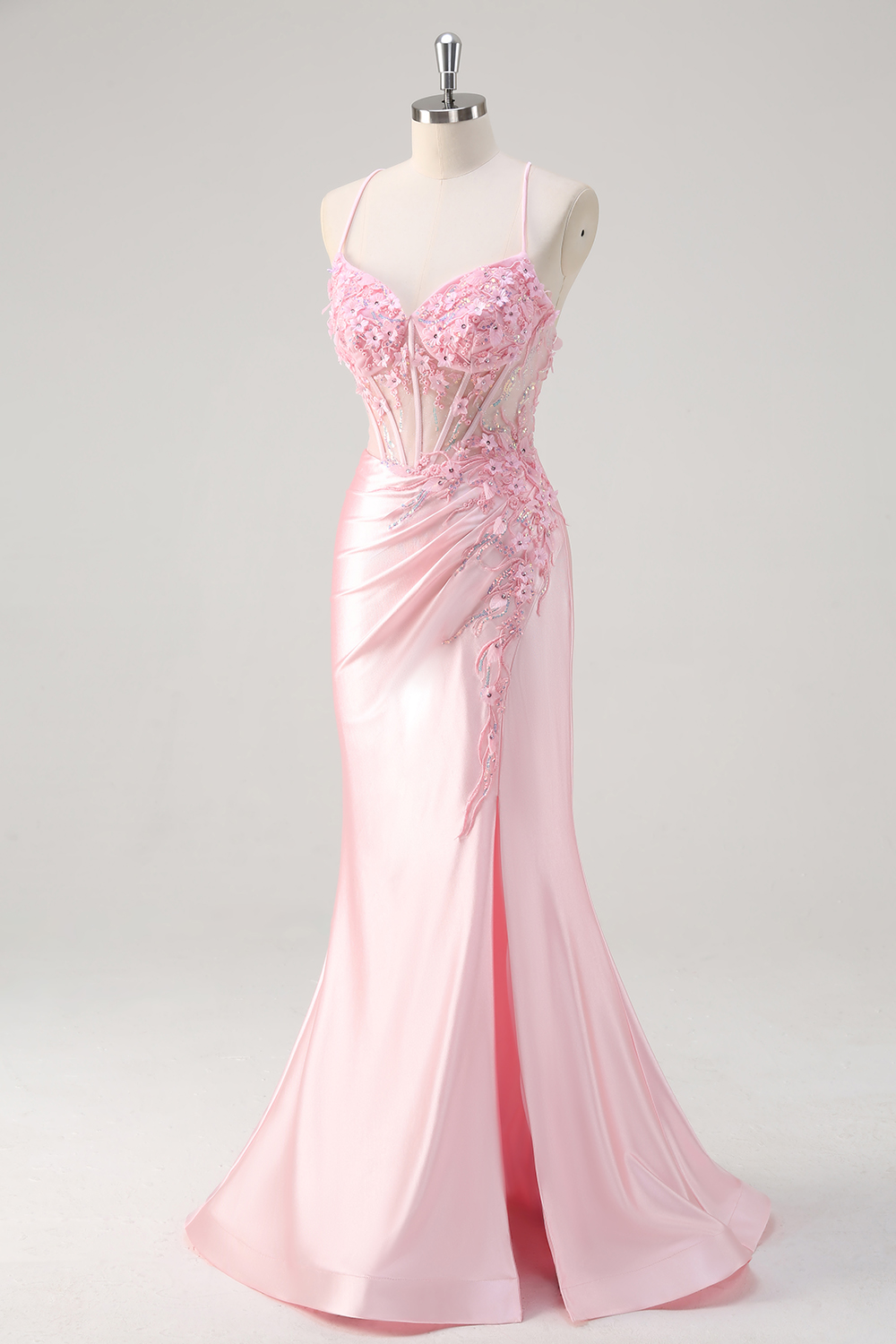 Pink Spaghetti Straps Satin Ruched Mermaid Long Corset Prom Dress with Appliques