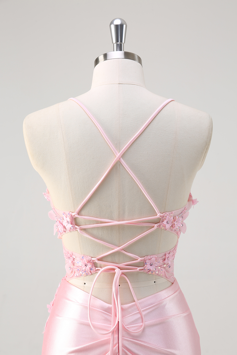 Pink Spaghetti Straps Satin Ruched Mermaid Long Corset Prom Dress with Appliques