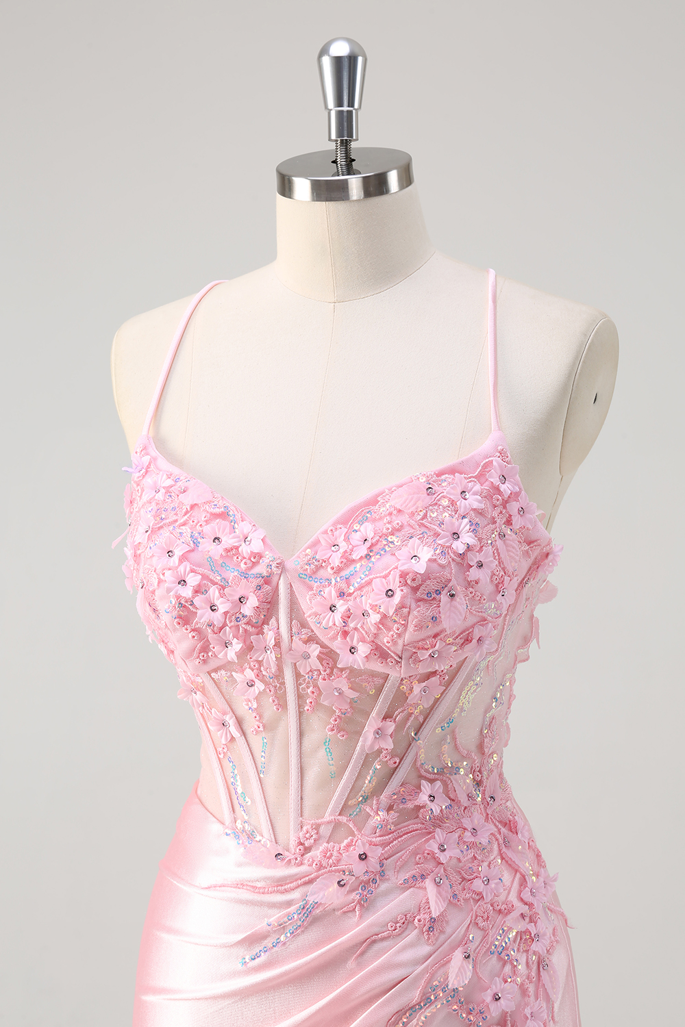 Pink Spaghetti Straps Satin Ruched Mermaid Long Corset Prom Dress with Appliques